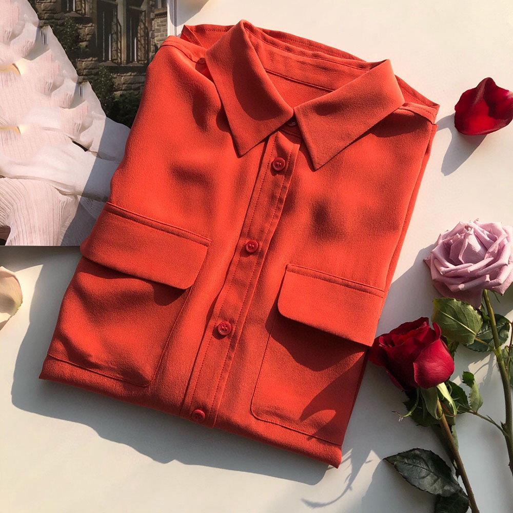 Women High Quality Silk Solid Color Pockets Shirt Top